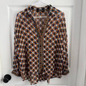 Zara Semi Sheer 3/4 Sleeve Blue Gold Button Down Blouse Gold Thread Sz M